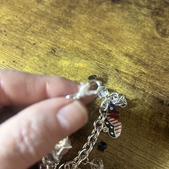 Charm Bracelet Patriotic USA Flag Statue Liberty Red White Blue Heart Star 6.5” - Picture 5 of 9